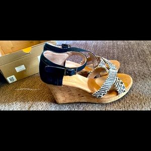 Toms Strappy Black Woven Cork Wedge Sandal